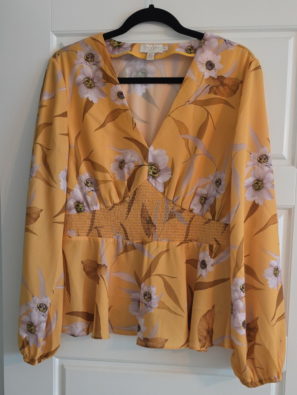 Ted Baker Yellow Floral V-Neck Smocked Waist Blouse